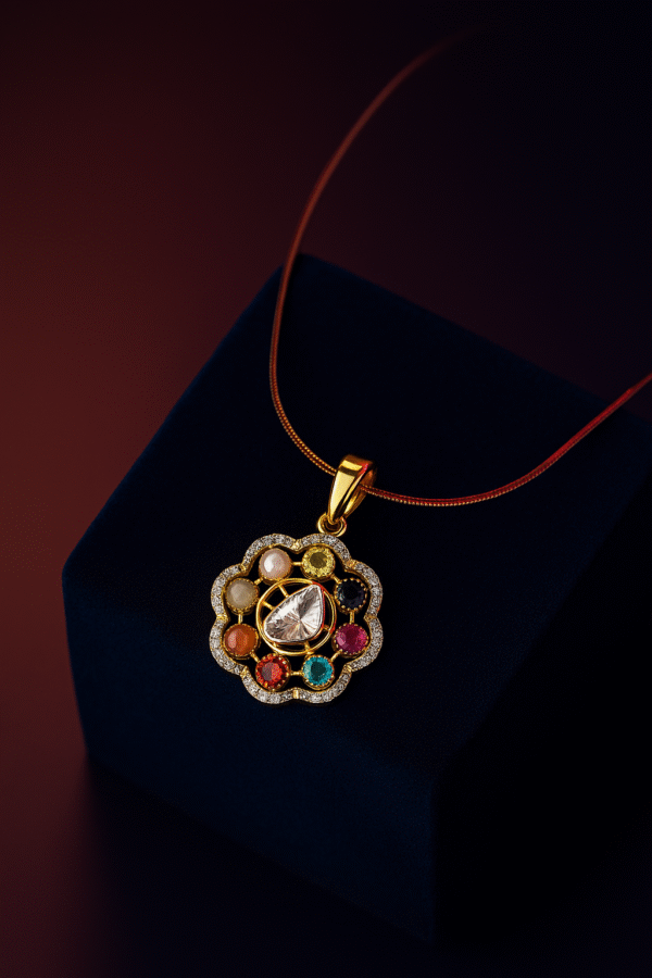 Navratna Floral Diamond Pendant – GW 5.700 gm | Dia 1.03 ct | Cs 3.990 ct