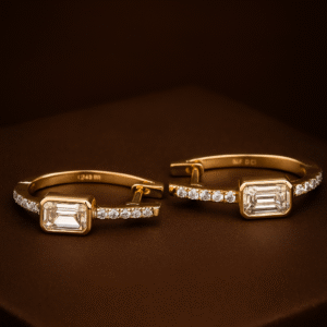 Emerald-Cut Diamond Halo Hoop Earrings in 18KT Yellow Gold