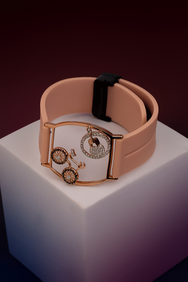 Chic Bicycle Charm CVD Diamond Bracelet with Blush Silicone Strap