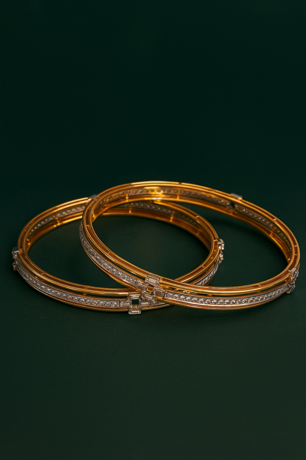 Classic Gold Bangles with Diamond Inlay and Baguette Accents (Set of 2)