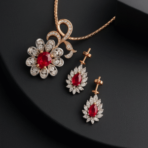 Crimson Elegance Ruby & Diamond Pendant Set