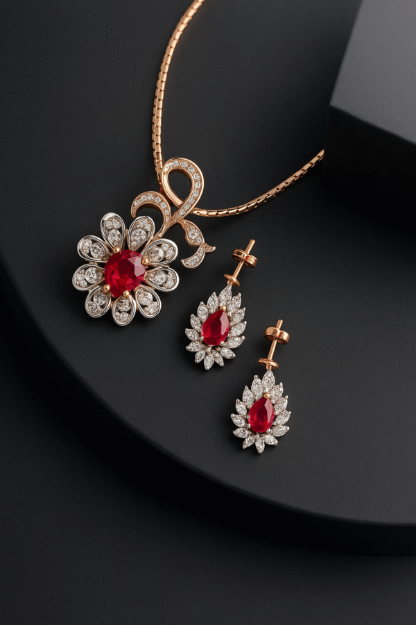 Crimson Elegance Ruby & Diamond Pendant Set