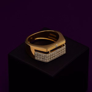 Geometric Gold Men’s Ring with Diamond Pavé Bar Design